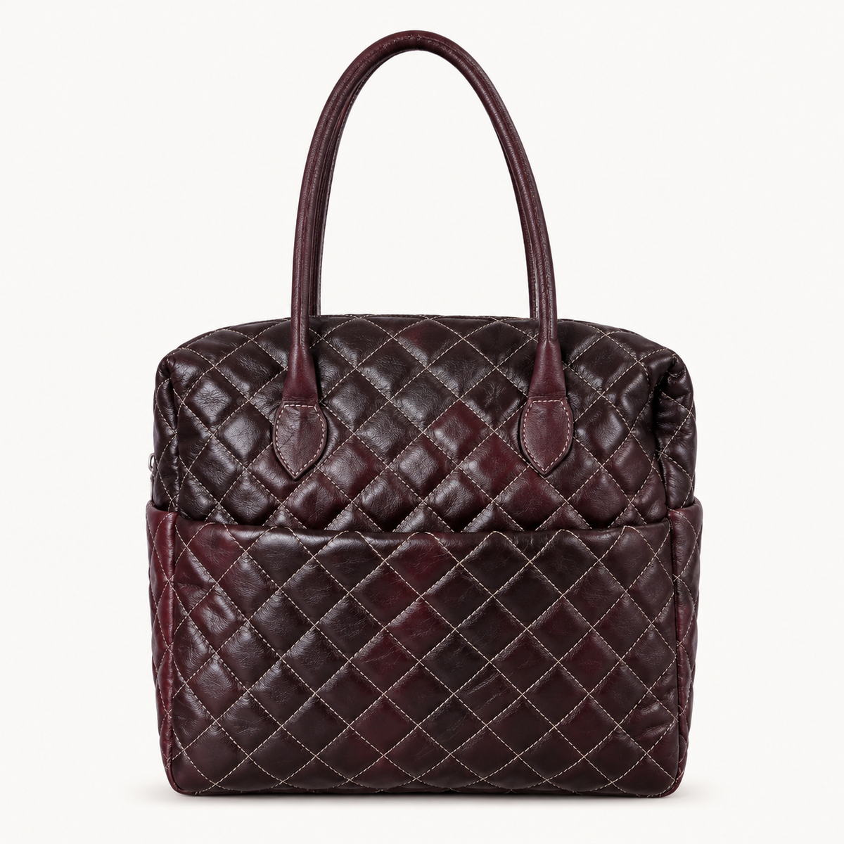 Premium Quilted Genuine Leather Tote Bag - Burgundy