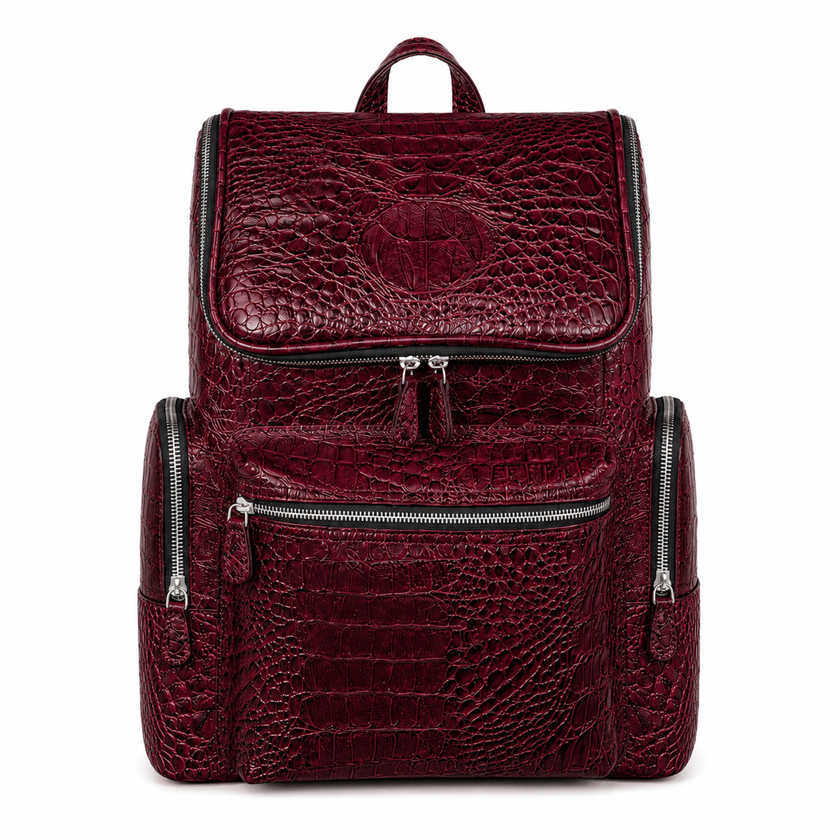 Premium Full-Grain Leather Crocodile Embossed Backpack - Burgundy