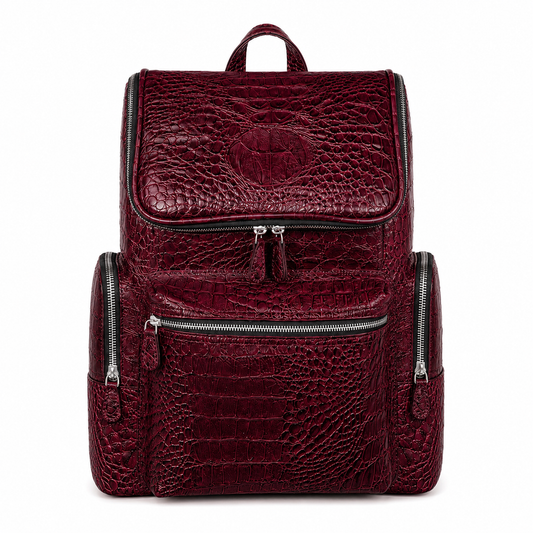 Premium Full-Grain Leather Crocodile Embossed Backpack - Burgundy