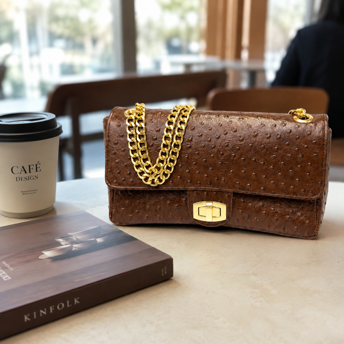 Textured Brown Chain Shoulder Bag