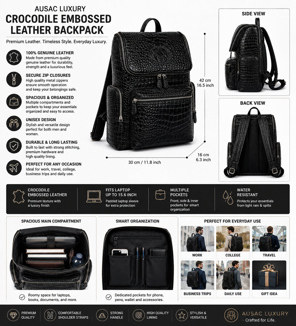 Premium Full-Grain Leather Crocodile Embossed Backpack - Black