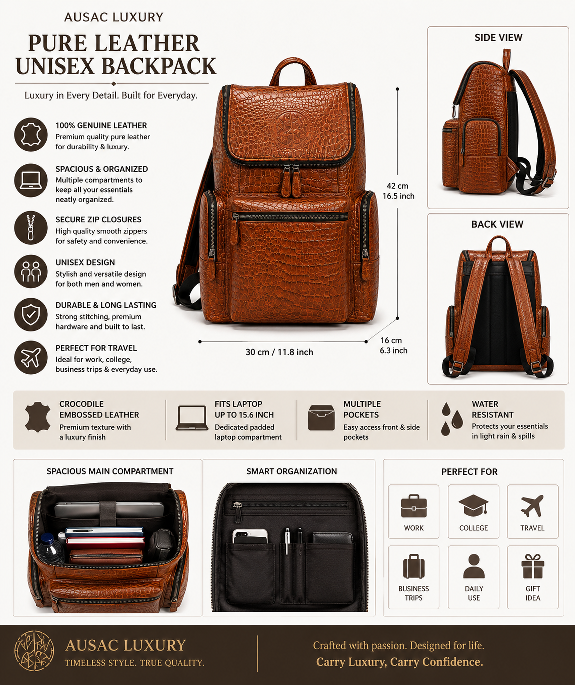Premium Full-Grain Leather Crocodile Embossed Backpack