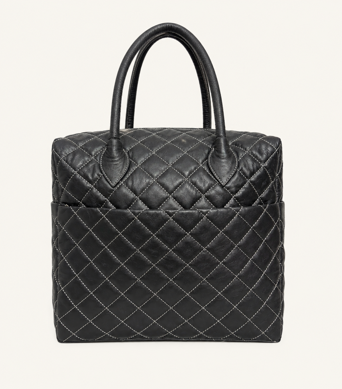 Premium Quilted Genuine Leather Tote Bag - Black