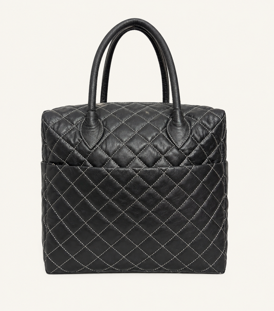 Premium Quilted Genuine Leather Tote Bag - Black