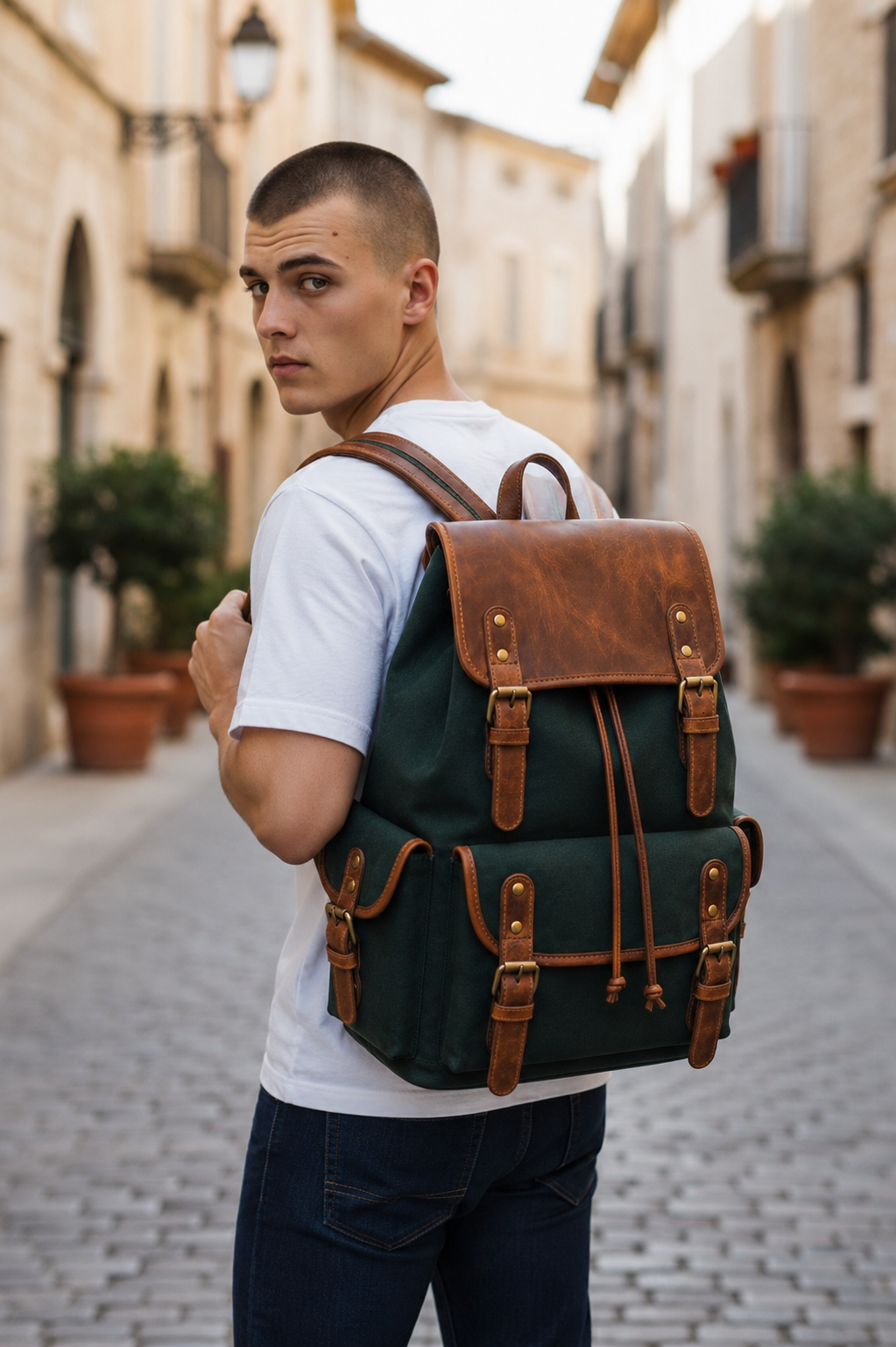 Vintage Canvas & Leather Backpack – Green