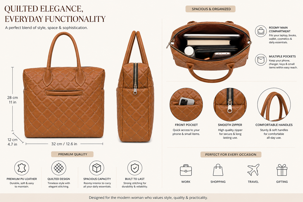 Premium Quilted Genuine Leather Tote Bag - Tan