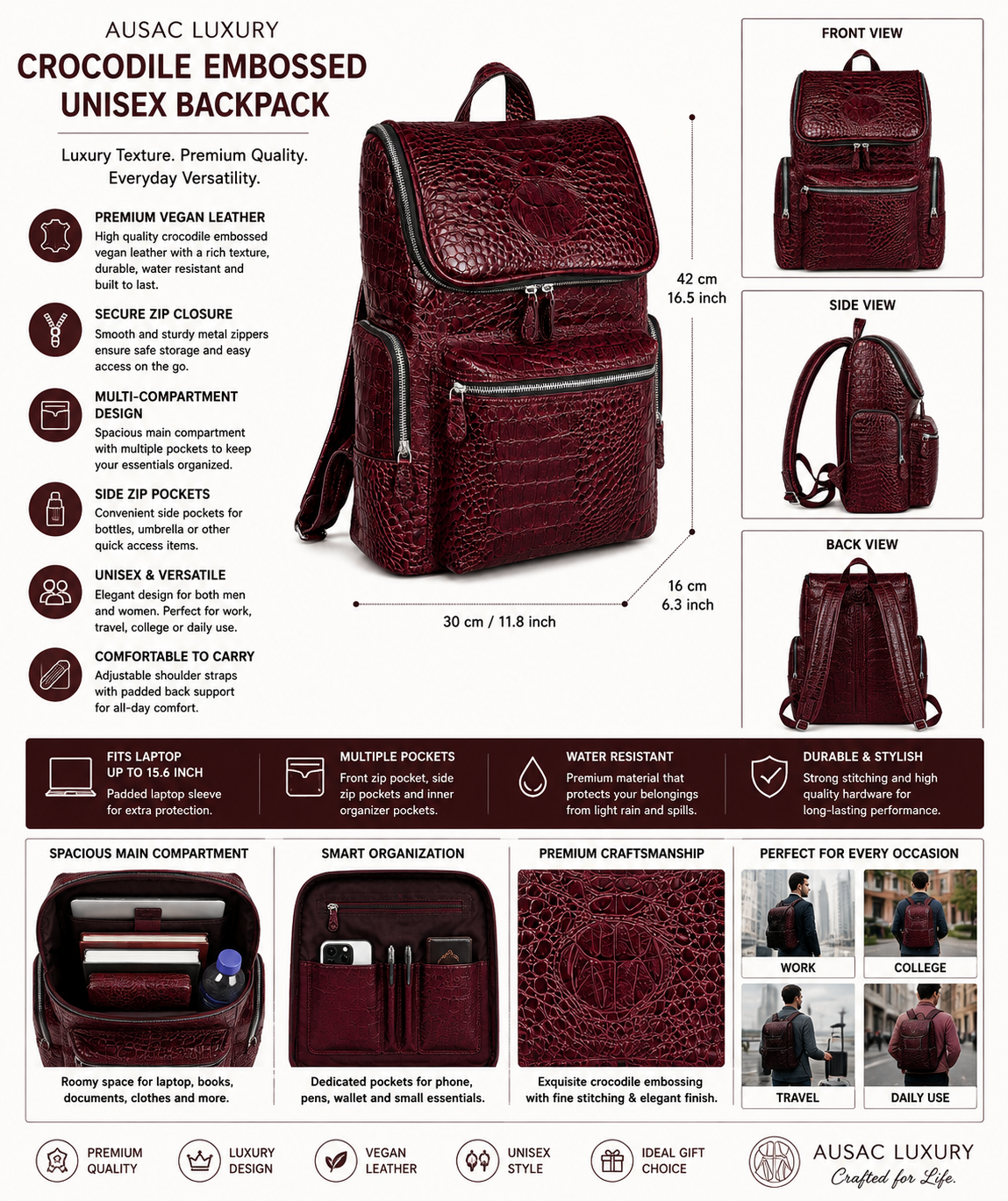 Premium Full-Grain Leather Crocodile Embossed Backpack - Burgundy