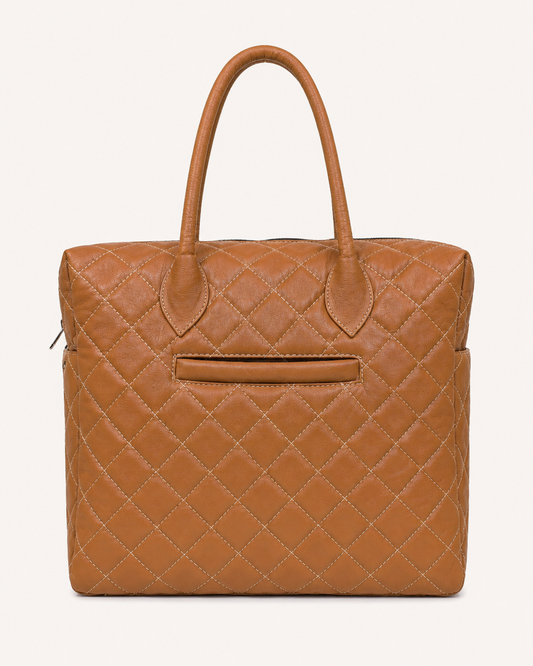 Premium Quilted Genuine Leather Tote Bag - Tan