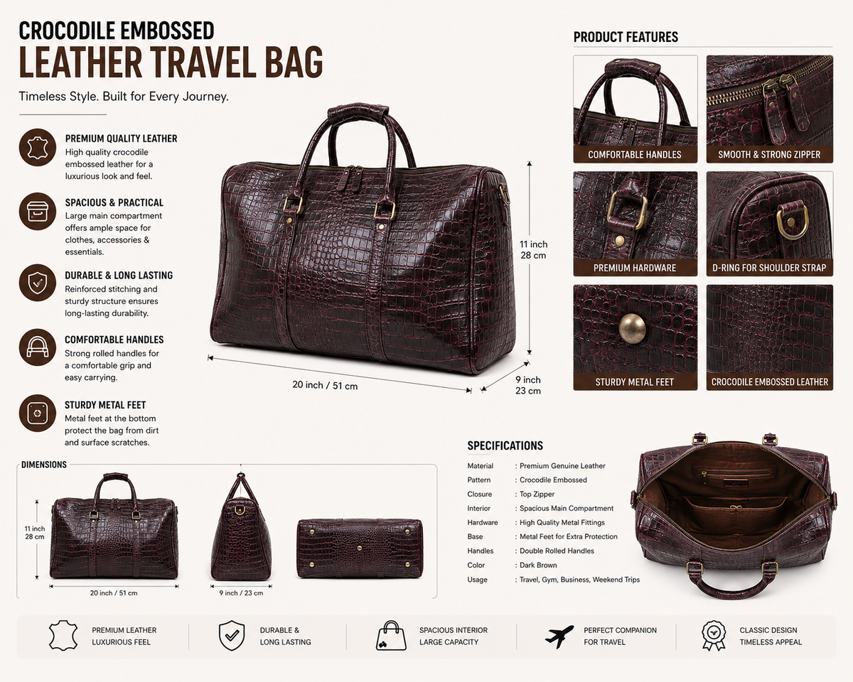 Crocodile Embossed Leather Duffle Bag - Burgundy