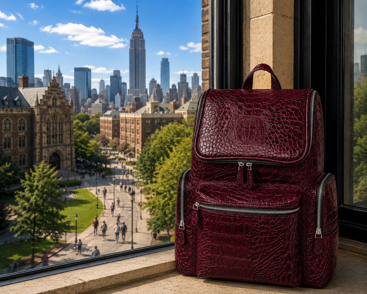 Premium Full-Grain Leather Crocodile Embossed Backpack - Burgundy