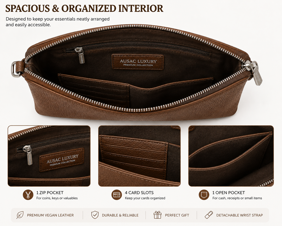 Brown Leather Wristlet Clutch