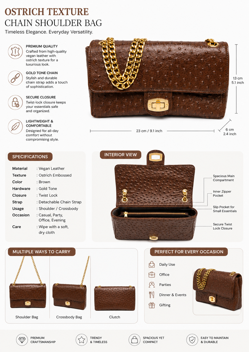 Textured Brown Chain Shoulder Bag