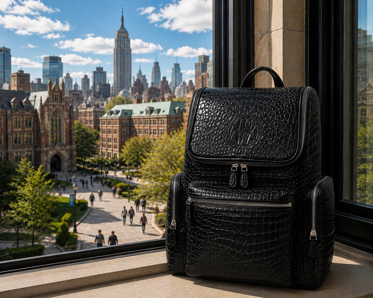 Premium Full-Grain Leather Crocodile Embossed Backpack - Black