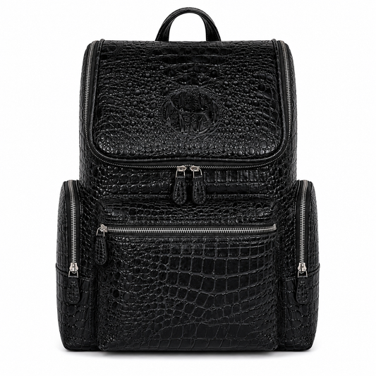 Premium Full-Grain Leather Crocodile Embossed Backpack - Black