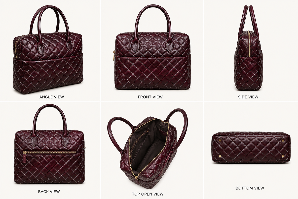 Premium Quilted Genuine Leather Tote Bag - Burgundy