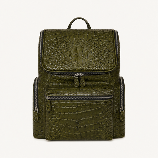 Premium Full-Grain Leather Crocodile Embossed Backpack - Olive Green