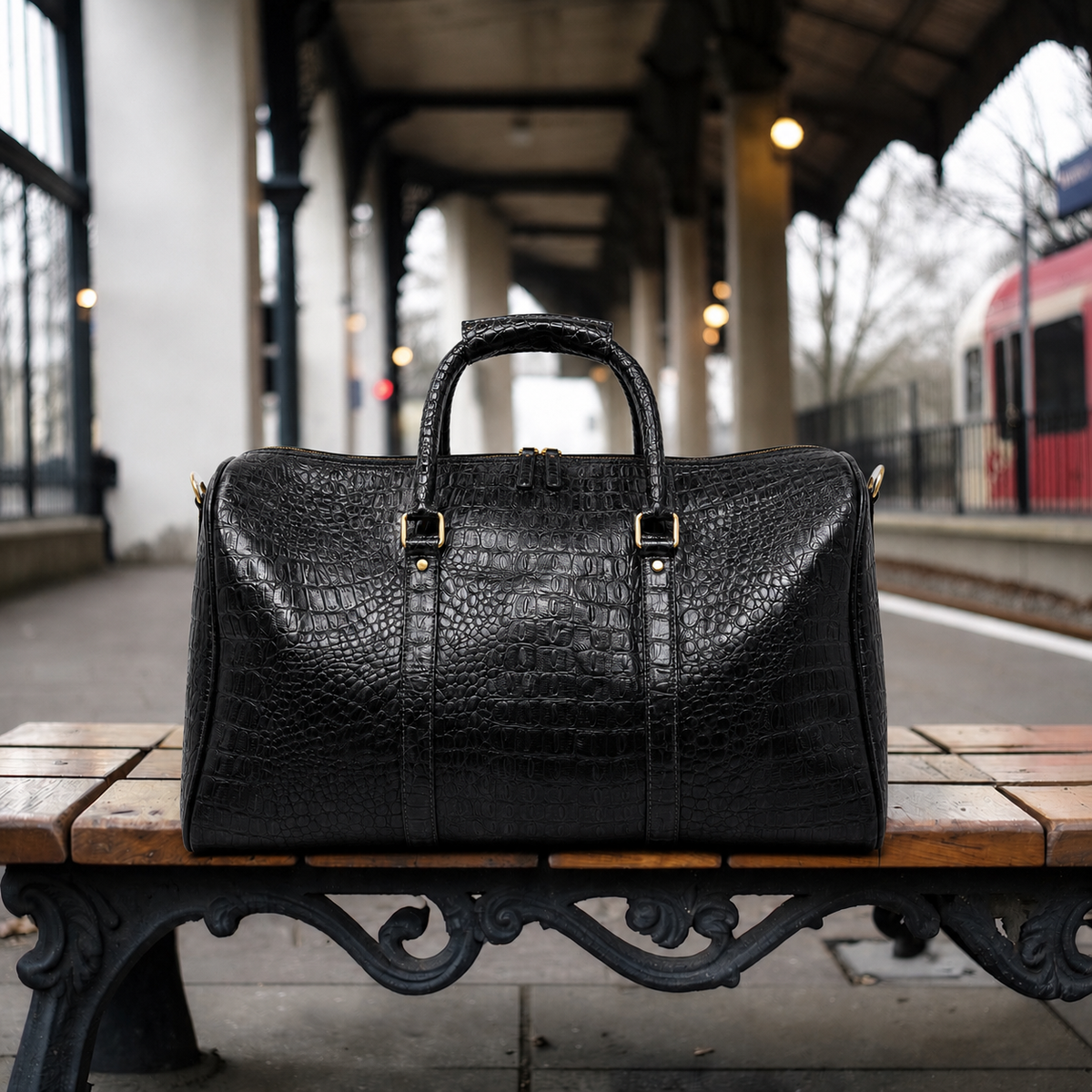 Crocodile Embossed Leather Duffle Bag - Grey Black