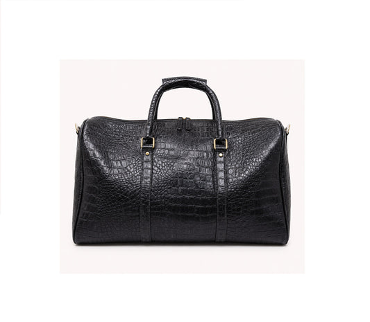 Crocodile Embossed Leather Duffle Bag - Grey Black