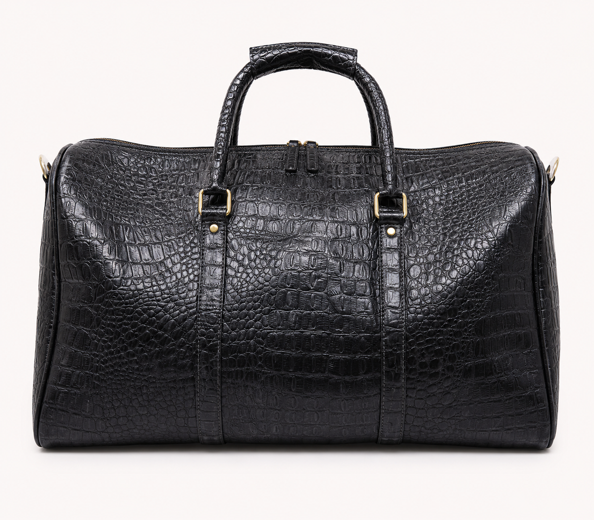 Crocodile Embossed Leather Duffle Bag - Grey Black