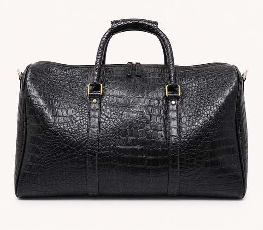 Crocodile Embossed Leather Duffle Bag - Grey Black