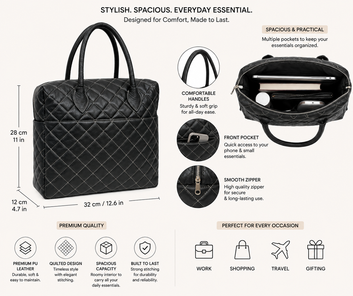 Premium Quilted Genuine Leather Tote Bag - Black