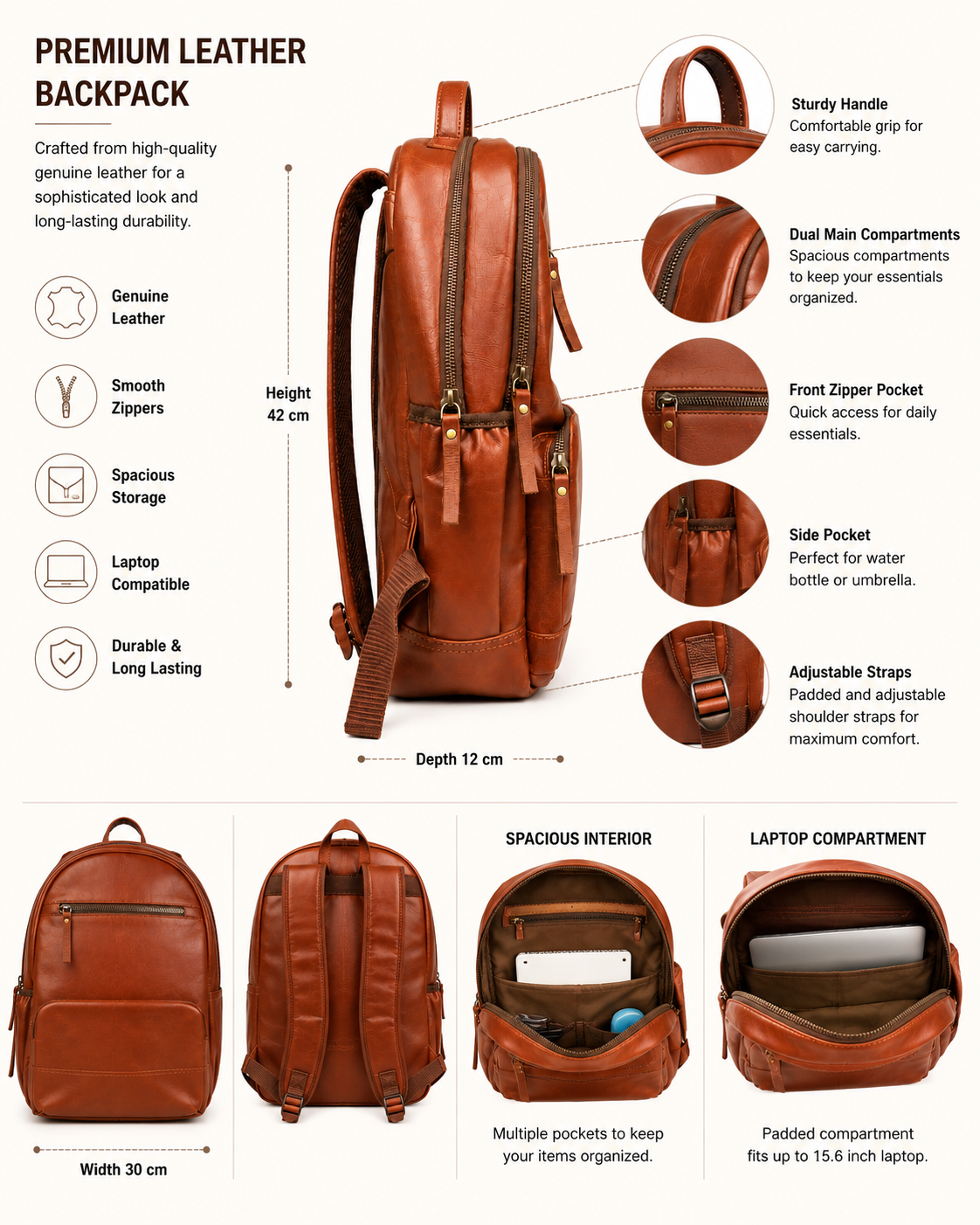 Premium Genuine Leather Laptop Backpack - Tan