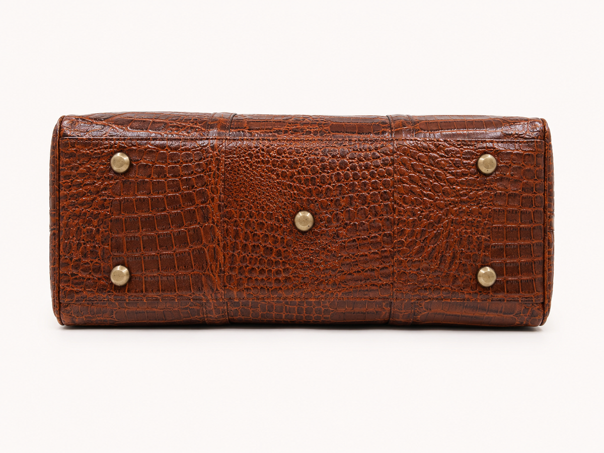 Crocodile Embossed Leather Duffle Bag - Brown