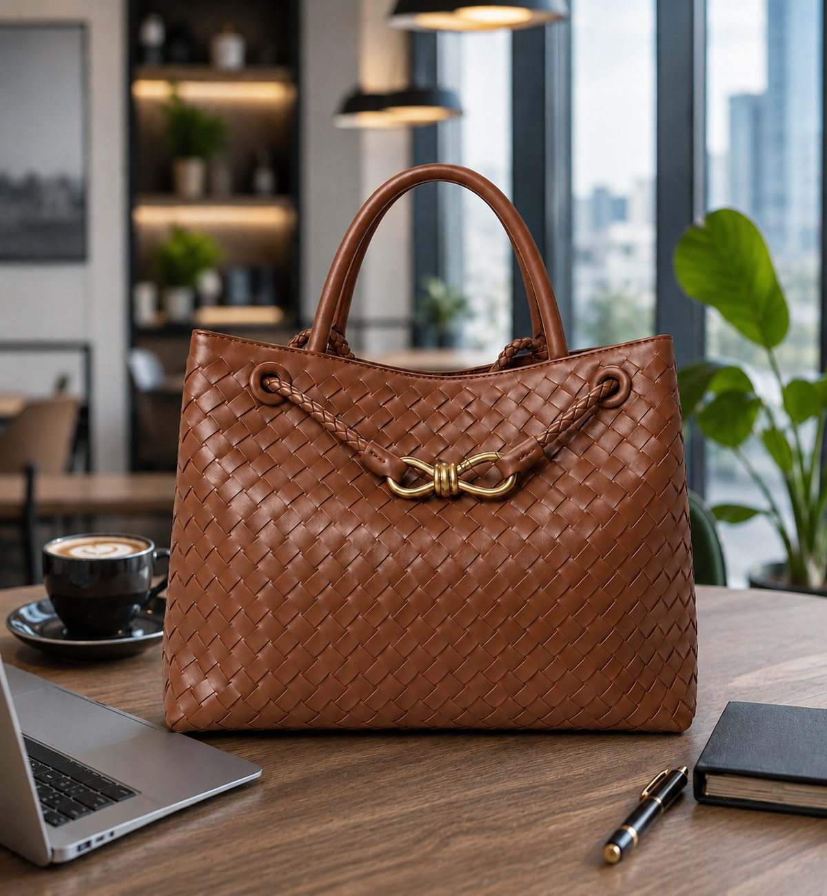 Braided PU Tote Bag - Burgundy