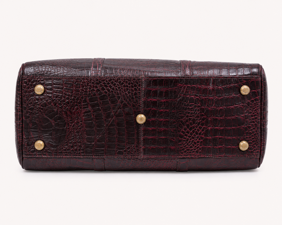 Crocodile Embossed Leather Duffle Bag - Burgundy