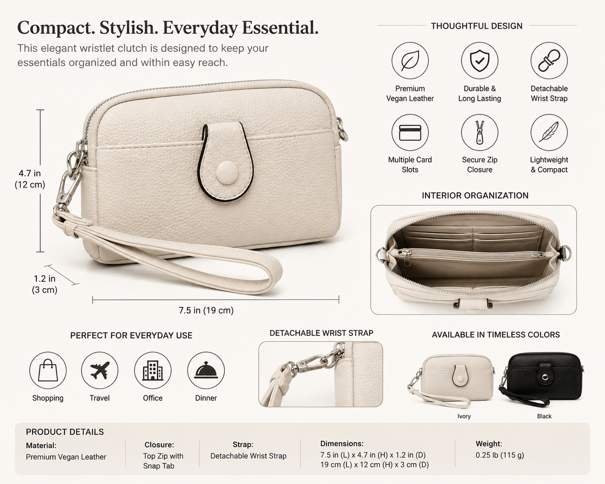 White Leather Wristlet Clutch