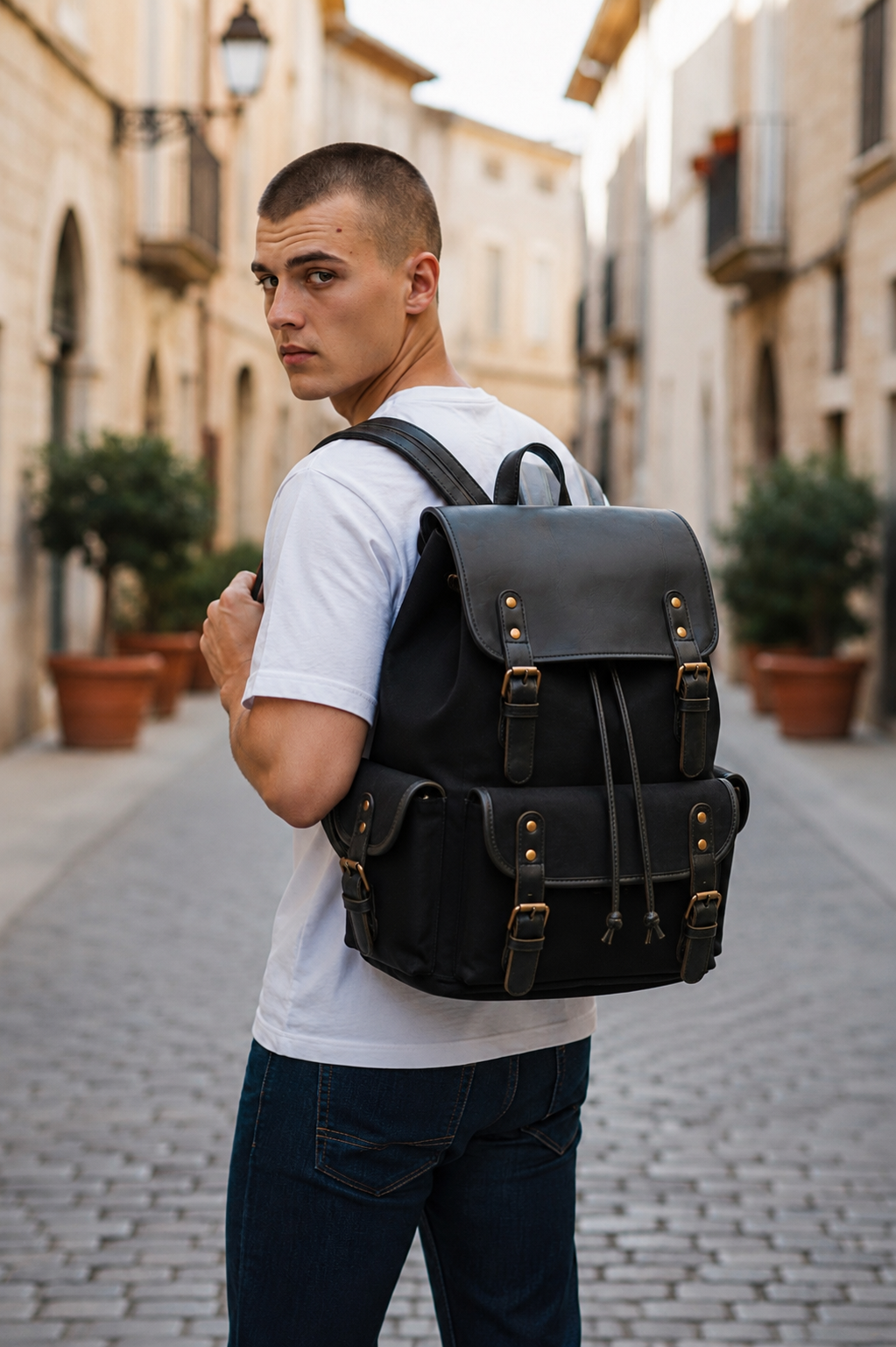 Vintage Canvas & Leather Backpack – Black