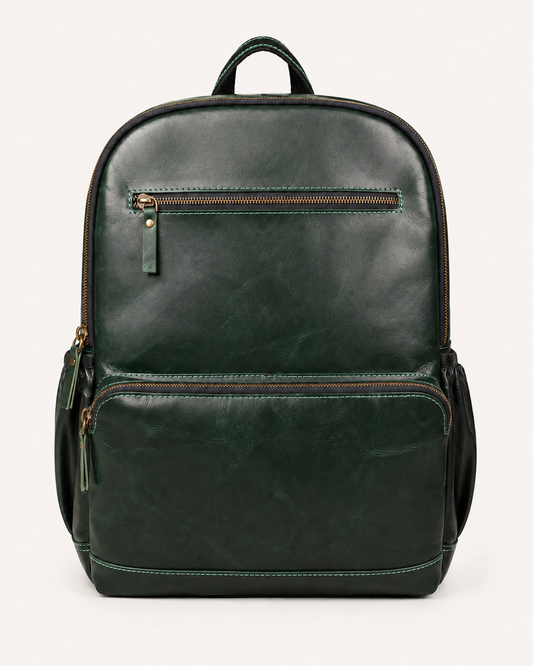 Premium Genuine Leather Laptop Backpack - Dark Green