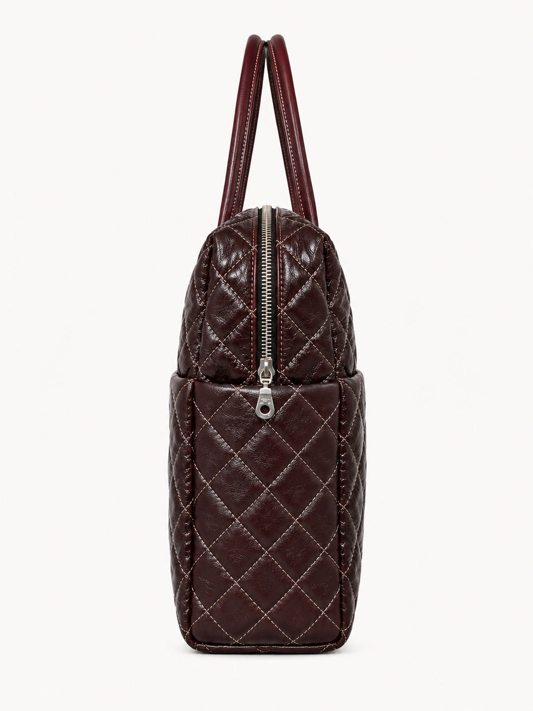 Premium Quilted Genuine Leather Tote Bag - Burgundy