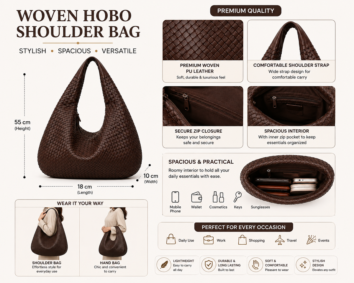 Woven Leather Hobo Bag - Brown