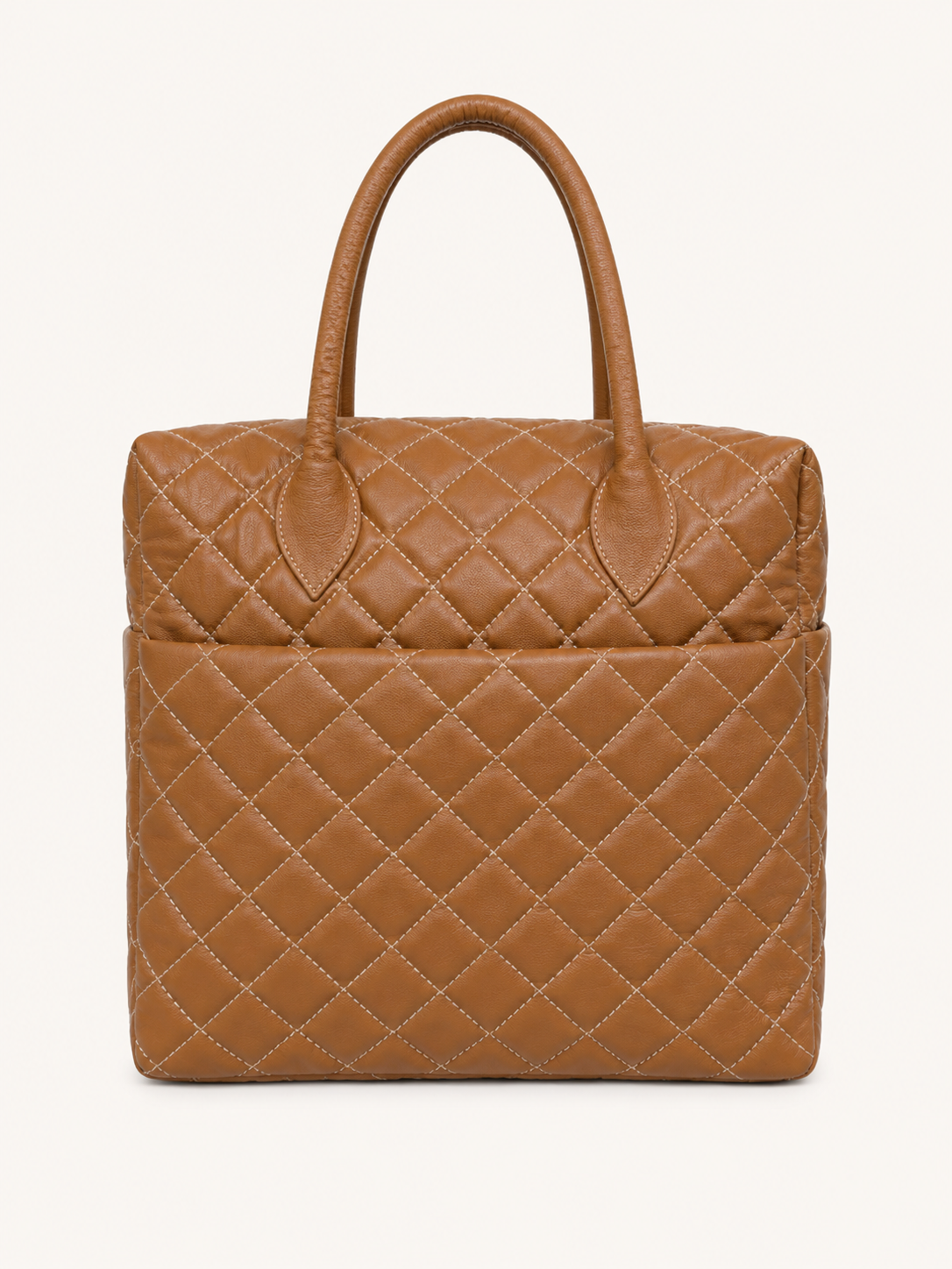 Premium Quilted Genuine Leather Tote Bag - Tan