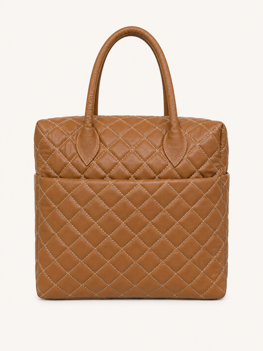 Premium Quilted Genuine Leather Tote Bag - Tan