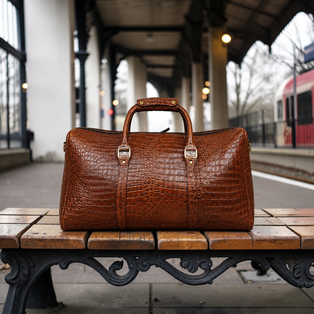 Crocodile Embossed Leather Duffle Bag - Brown