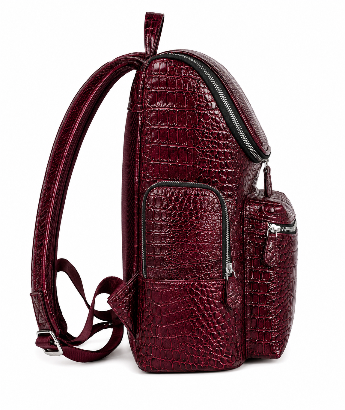 Premium Full-Grain Leather Crocodile Embossed Backpack - Burgundy