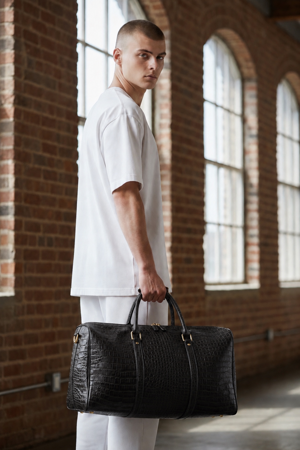 Crocodile Embossed Leather Duffle Bag - Grey Black