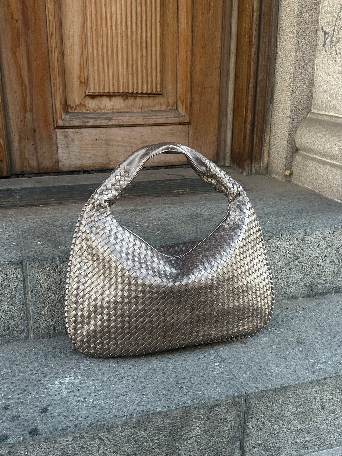 Woven Leather Hobo Bag - Silver