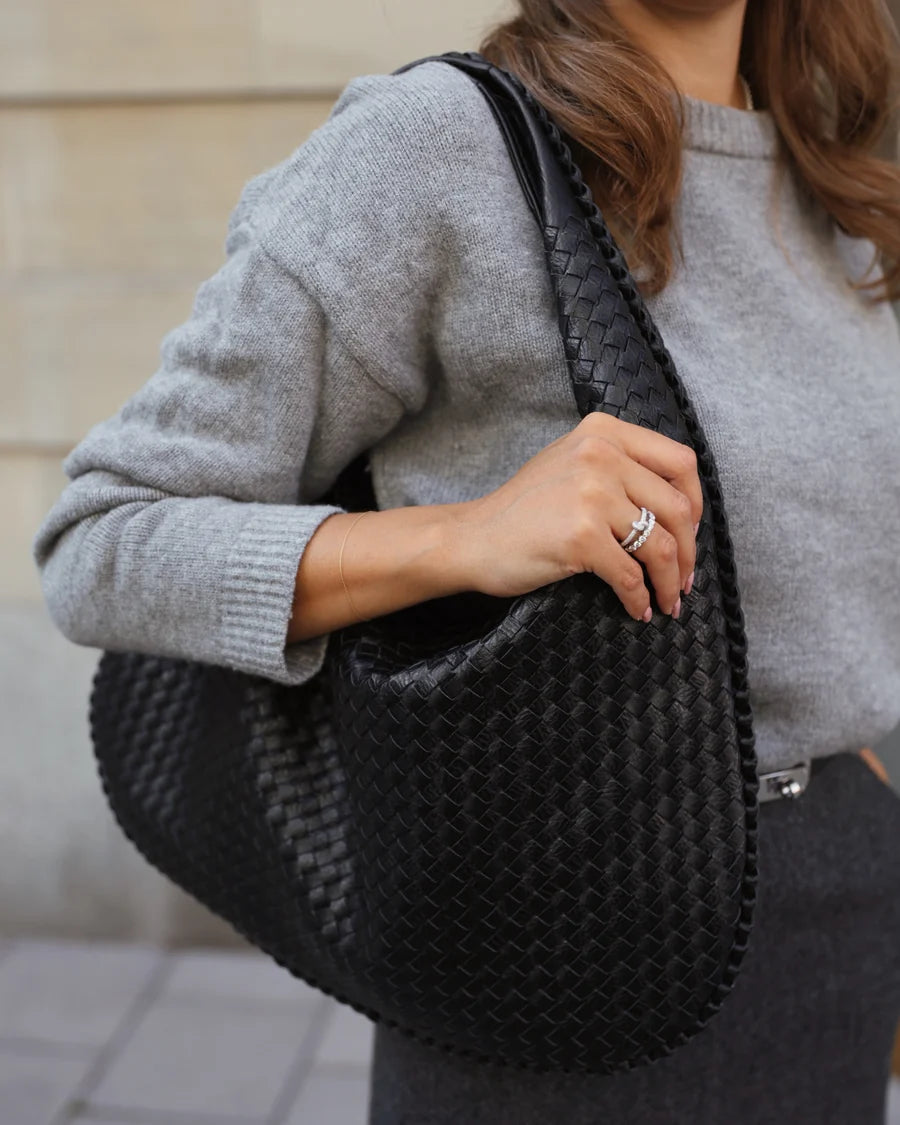 Woven Leather Hobo Bag - Black