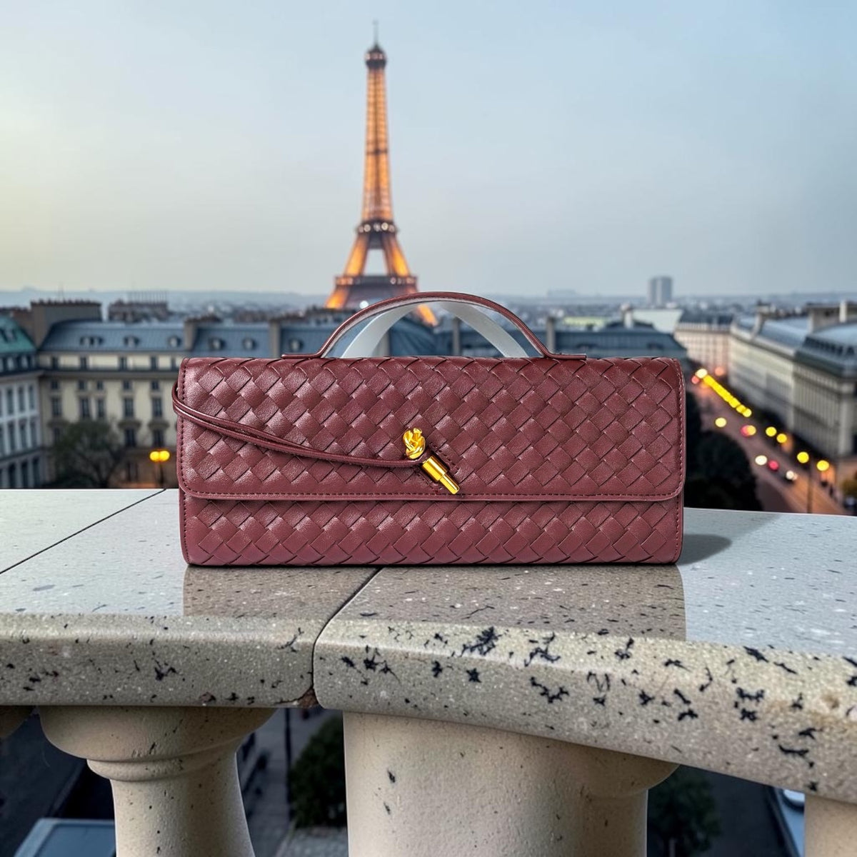 Braided PU Leather Clutch Bag - Burgundy