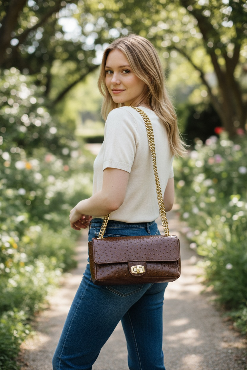 Textured Brown Chain Shoulder Bag