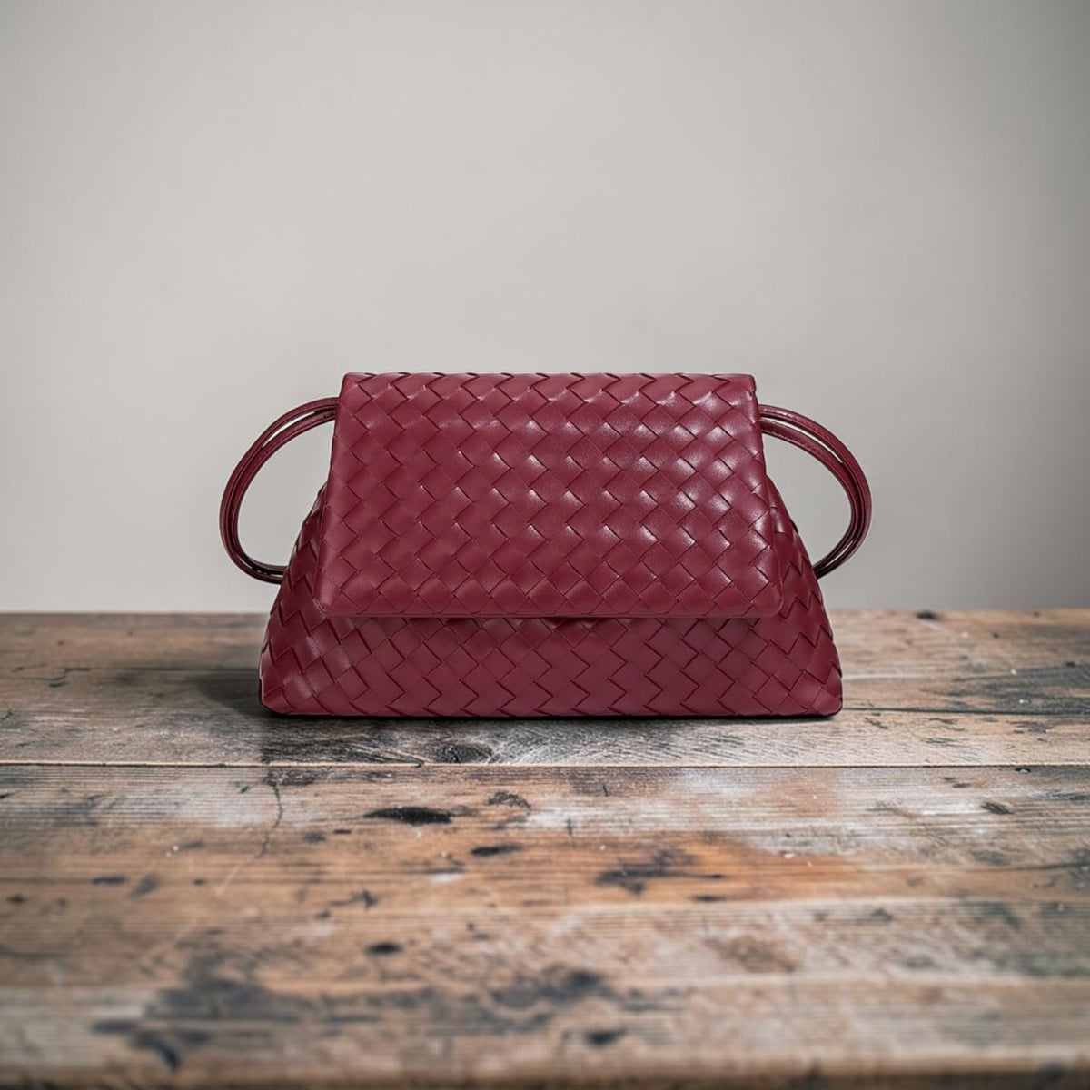 Woven Leather Flap Bag - Burgundy