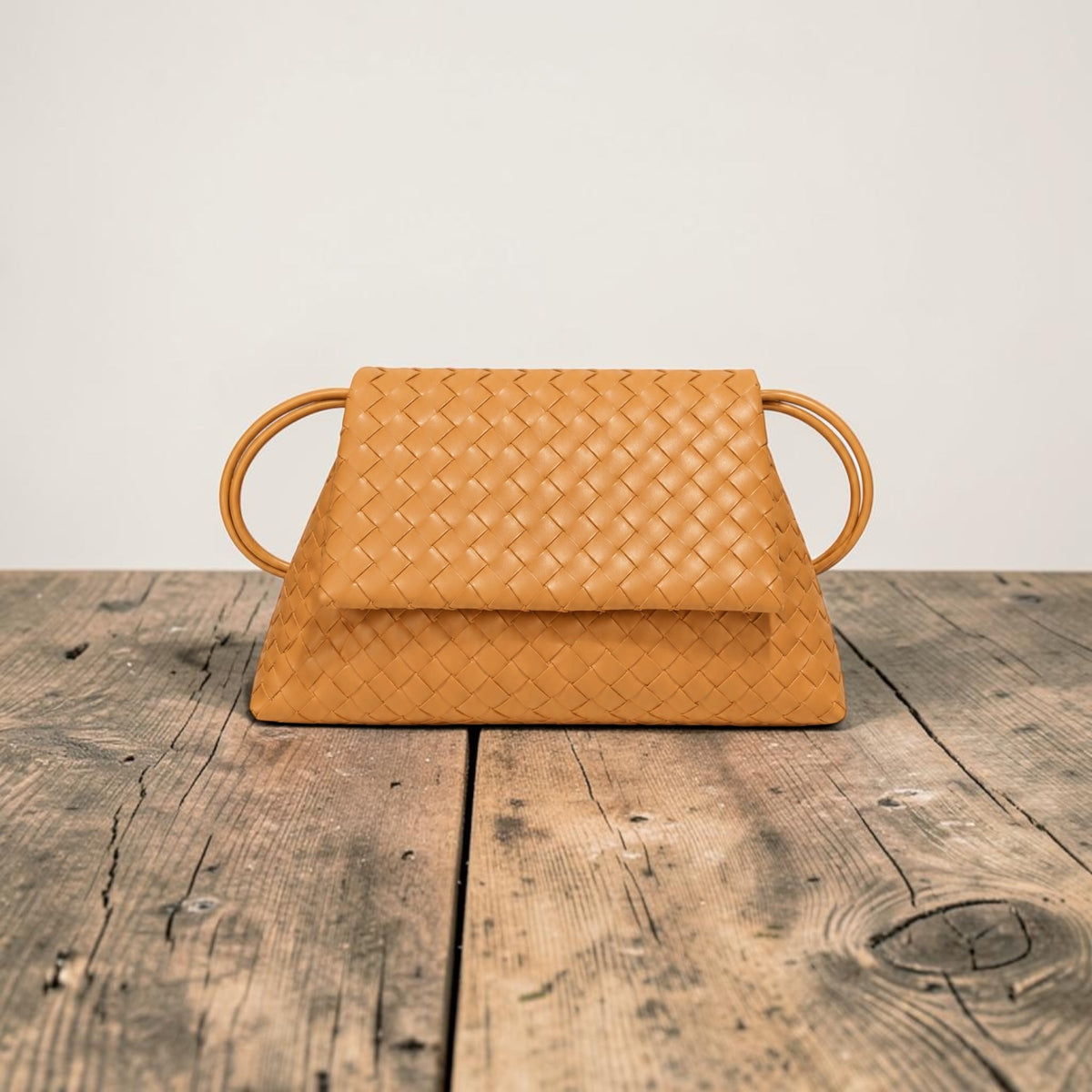 Woven Leather Flap Bag - Caramel Tan