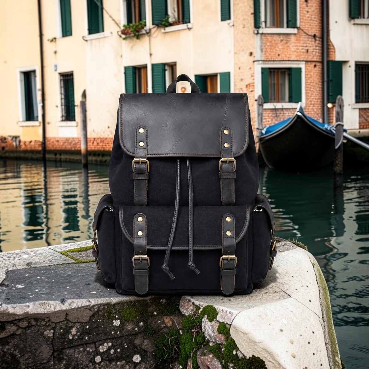 Vintage Canvas & Leather Backpack – Black