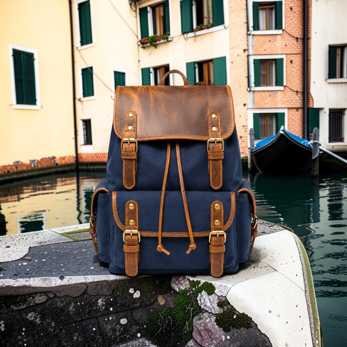 Vintage Canvas & Leather Backpack – Blue