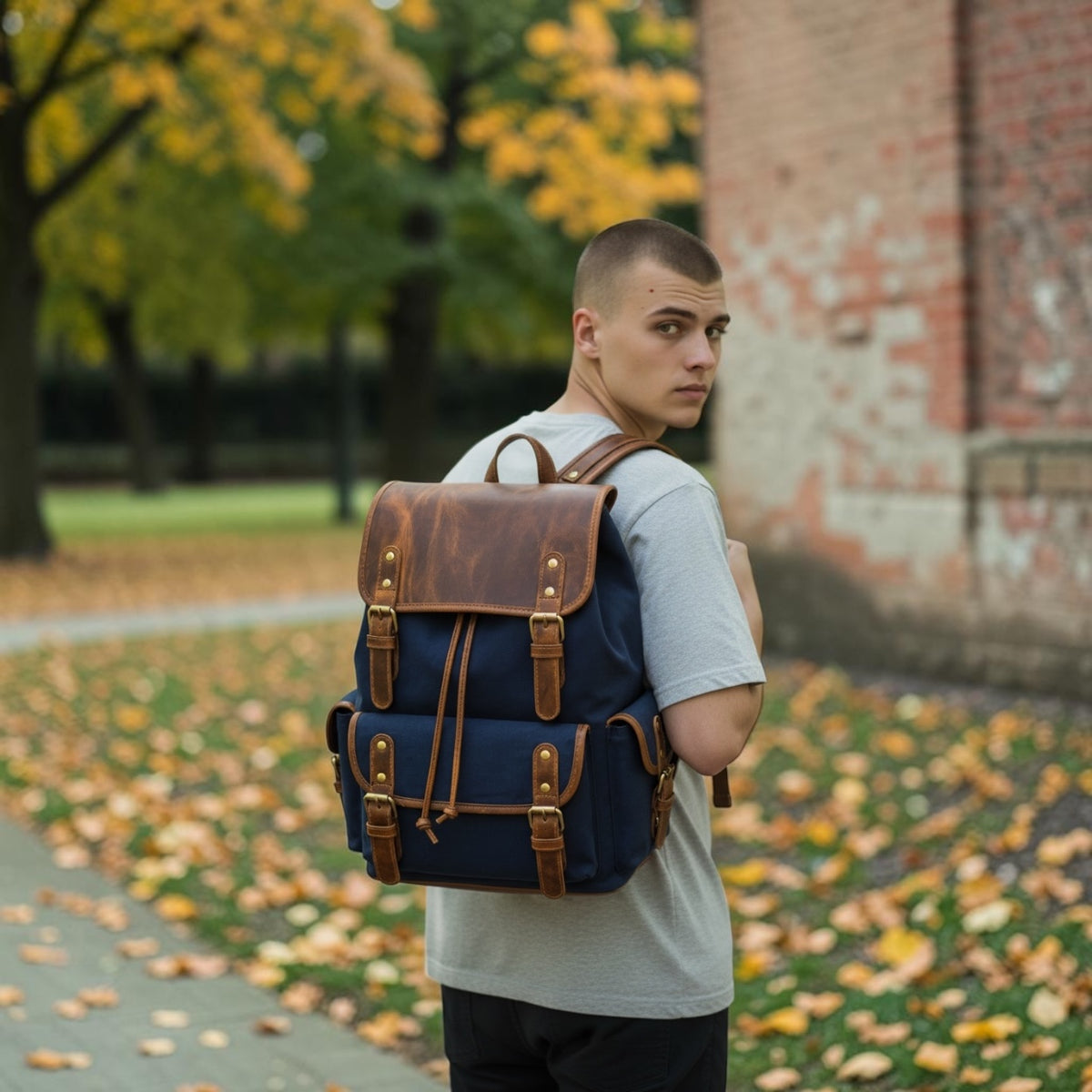 Vintage Canvas & Leather Backpack – Blue
