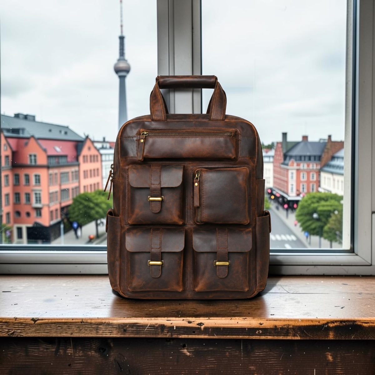 Multi-Pocket Vintage Leather Backpack - Dark Brown