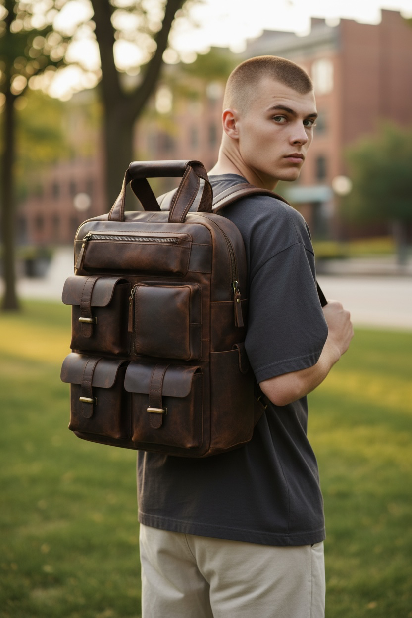 Multi-Pocket Vintage Leather Backpack - Dark Brown